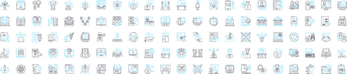 Learning process vector line icons set. Knowledge, Education, Instruction, Acquisition, Training, Comprehension, Drills illustration outline concept symbols and signs