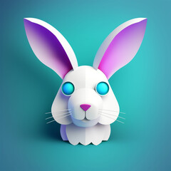 3d Cute Easter bunny head, white rabbit with purple ear, techno background