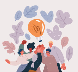 Vector illustration of Team brainstorming. Success managers team, creative people have new idea. Office staff, managers or young business startup. Friends high five