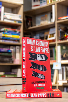 Close up Noam Chomsky and Ilan Pappé's Gaza in Crisis book in the bookshop.