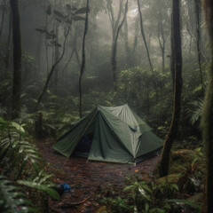 Rain over forest. The tent of tourists in the pouring rain. Generative AI.
