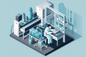 Innovative Illustration: A 32-bit Isometric View of a Lab Worker Conducting Scientific Research at a Modern Workstation