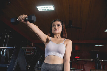 A serious young woman does a set of alternating front dumbbells raises. Training and toning shoulder muscles at the gym.