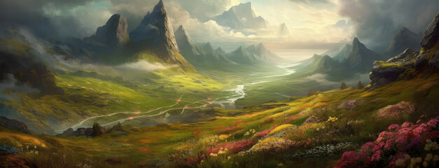 Ethereal Fantasy Landscape , A Journey Through Enchanted Mountains and Skies, Generated by AI