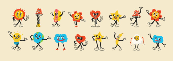 Groovy hippie love sticker character. Comic happy mushroom, hot dog and cloud character with wings in trendy retro 60s 70s cartoon style. Vintage isolated vector illustration.