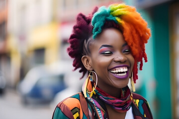 Black african american woman with multicolored hair smiling on the beach Generative AI