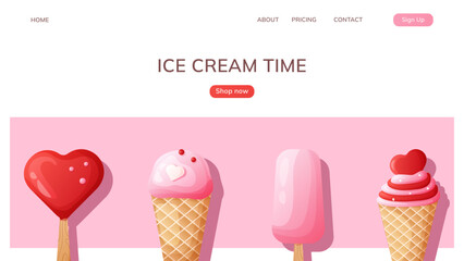 Web page with ice cream. Vector illustration. Banner, website, advertising.