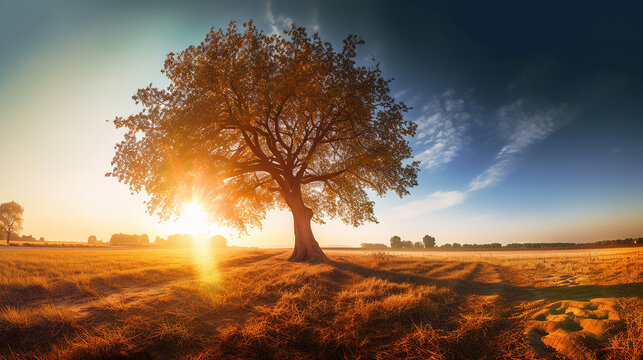 Earth's Day. Big Tree isolated with background of sunset and blue sky - Golden Hour - AI Generated