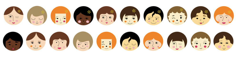 Feminine look, abstract personage, mascot design, funny face, cute icon.