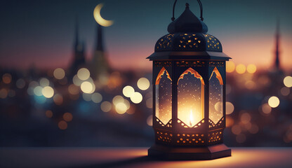 Ramadan Kareem  and Arabic lartern with behind of city lights 