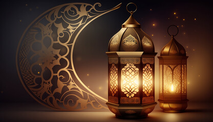 Arabic lantern and The moond of Ramadan Kareem.
