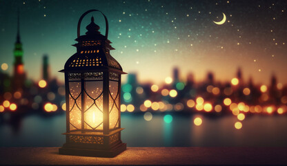 the Muslim culture Ramadan kareem Arabic lartern with behind of city and bokeh light background 