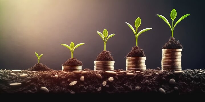 Money growth Saving money. Upper tree coins to shown concept of growing business by ai generative 