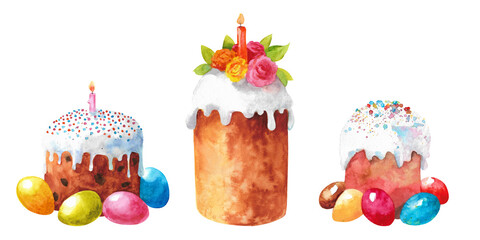 Watercolor Easter cakes. Three Easter cakes with multi-colored chicken eggs