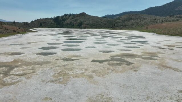 View of Spotted Lake, saline, alkaline lake located in Osoyoos in valley in British Columbia, Canada