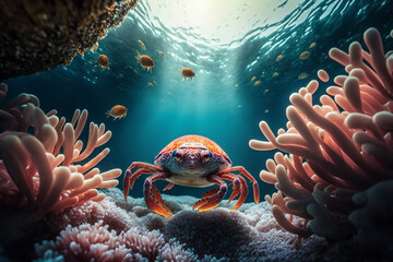 Naklejka na ściany i meble Baby Crab in Colorful Coral Reef Underwater POV generative ai