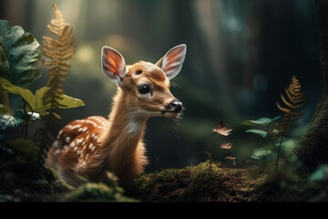Bambi Sitting in the Forest, AI Generated - obrazy, fototapety, plakaty