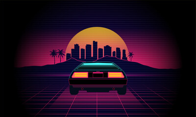 Fototapeta na wymiar 80's Retro car in 3D virtual reality. Sunset outrun landscape in vintage style.1980s vibes. Computer graphic design with grid and city on horizon. Scifi illustration with neon lights and road.