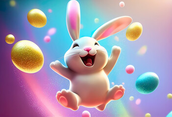 Fototapeta na wymiar Easter happy bunny jumping with easter eggs in background. 3D cartoon character animation style for celebrate Easter. (AI)