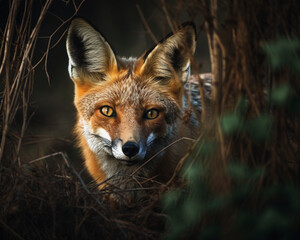 Fototapeta premium A fox hiding among the trees, AI generated