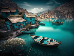 Beautiful landscape of a small fishing village with small boats, Generated by AI