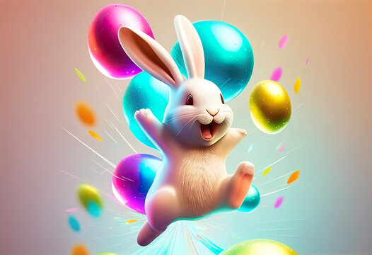 Easter happy bunny jumping with easter eggs in background. 3D cartoon character animation style for celebrate Easter. (AI)