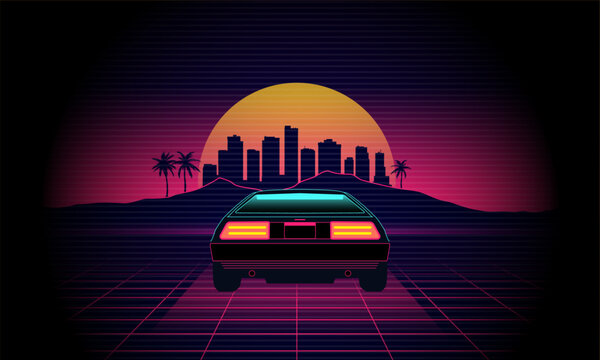 80's Retro car in 3D virtual reality. Sunset outrun landscape in vintage style.1980s vibes. Computer graphic design with grid and city on horizon. Scifi illustration with neon lights and road.