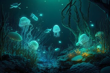 Fototapeta na wymiar a deep sea environment, with bioluminescent creatures and plants that glow in the dark.