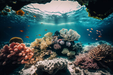 Obraz na płótnie Canvas Underwater POV of Colorful Coral Reef generative ai