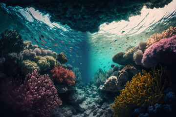 Fototapeta na wymiar Underwater POV of Colorful Coral Reef generative ai