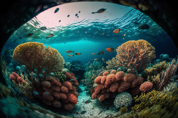 Underwater POV of Colorful Coral Reef generative ai