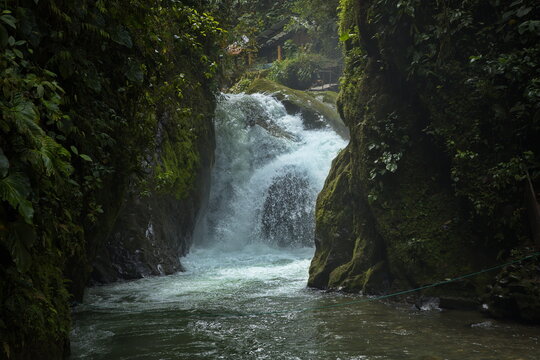 Waterfall Cascada Nambillo in Minjoy Park in Mindo, Ecuador, South America
