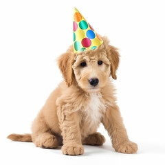 Light Brown Goldendoodle sitting and wearing a party hat, generative ai, on a white background