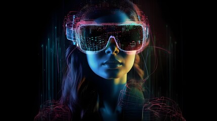 A girl wearing virtual reality headset glasses VR goggles matrix and coding metaverse glowing lights background