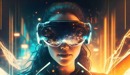 Young woman wearing virtual reality headset glasses VR goggles matrix and coding metaverse glowing lights background