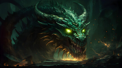 Huge medieval dragon with glowing green eyes and flames in a dark cave. Mythical creature. Concept art of the dragon head in the Gothic style. Generative ai.