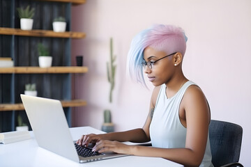 Young beautiful african american business woman with multicolored hair sitting working with laptop in cafe or office at home online working remotely concept Generative AI