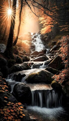 A A tranquil autumn waterfall shimmers in the sun - generative ai.