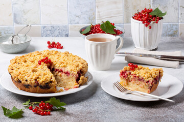 Homemade cake with berries on gray background. Yogurt pie with fresh red currant.