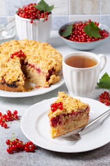 Homemade cake with berries on gray background. Yogurt pie with fresh red currant.