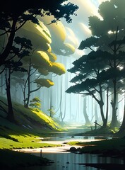 illustration of a dark and dreary forest with a river flowing through the middle of it