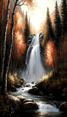 A mesmerizing waterfall cascades down a forested cliff in a blaze of autumnal hues. Rays of sunlight dance across the surface, creating a stunning contrast. - Generative AI