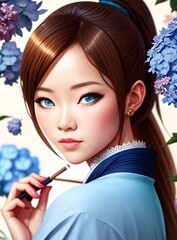Fototapeta premium portrait of a girl with brown hair and blue eyes looking forward created with Generative AI