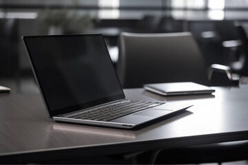 Fototapeta premium laptop on wooden table in business office. Generative AI