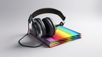 Headphones and a book on a white background.generative ai