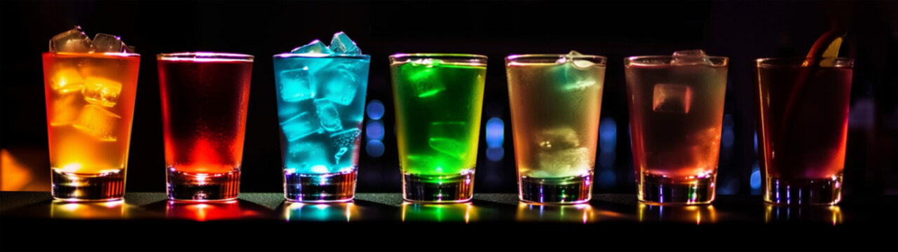 7 neon Cocktails in Neonfarben und Neonlicht. Generative Ai.
