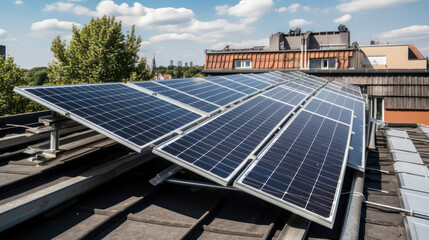  solar panels on the roof of the house. Blue solar panels. Alternative source of electricity. Generative AI