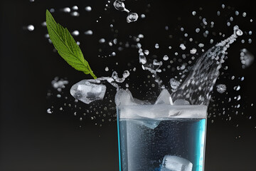 Woda z lodem w niebieskiej przeźroczystej szklance, listek mięty, plusk, krople wody. Ilustracja wygenerowana przy użyciu AI - obrazy, fototapety, plakaty