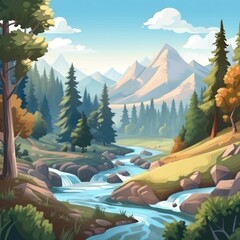 Mountain river and trees game art