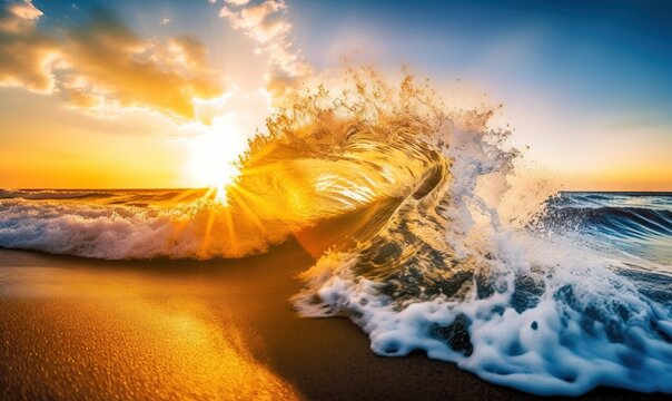  the sun is setting over the ocean with a wave crashing.  generative ai